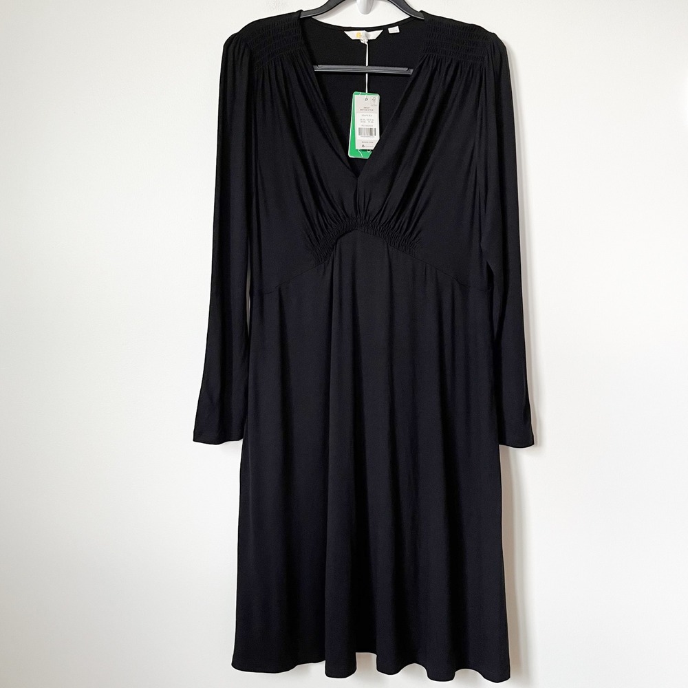 NEW Boden Jersey Mini Tea Dress V-Neck Black Womens 16/18 Long Smocked Shoulder